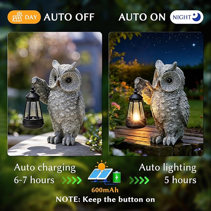 KARTOOSH Solar Garden Statue Owl, Outdoor Decor Resin Owl Light Statues for Yard, Patio, Lawn, Porch, Balcony Ornament, Garden Gift for Women Mom Grandma
