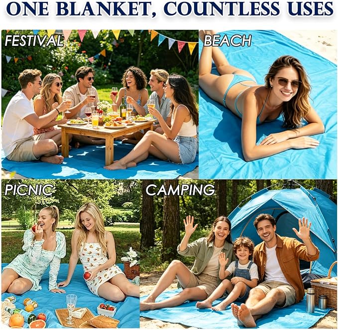 Fammart Beach Blanket Sandproof Waterproof, Extra Large Beach Mat with Stakes & Corner Pockets, Oversized & Compact Sand Free, Quick Drying Beach Essentials for Vacation, Cruise, Picnic & Camping