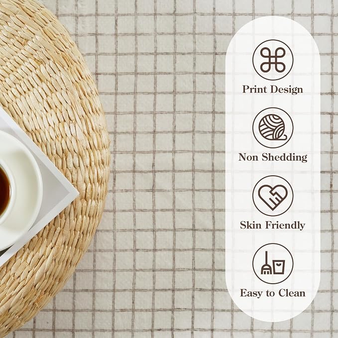 STARUIA Washable Rugs for Living Room, 5x7 Plaid Beige Area Rugs Non Slip Modern Neutral Geometric Bedroom Rug, Low Pile Soft Checkered Grid Carpet for Dining Room Nursery Home Office (Beige,5'x7')