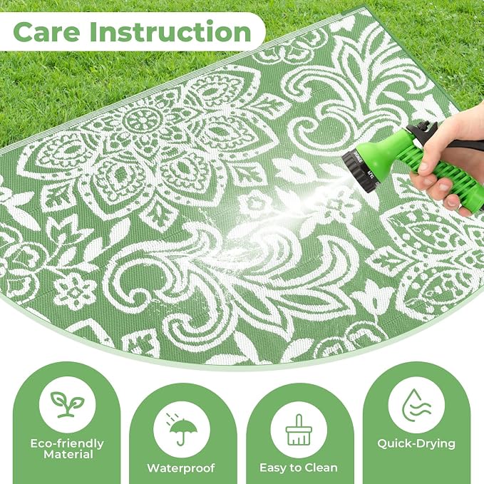 Findosom Waterproof Outdoor Rug 8' x 10' - Reversible Mandala Outdoor Plastic Straw Rug, Durable Foldable Patio Rug for RV, Deck, Balcony, Backyard, Picnic, Porch, Camping, Beach, Green