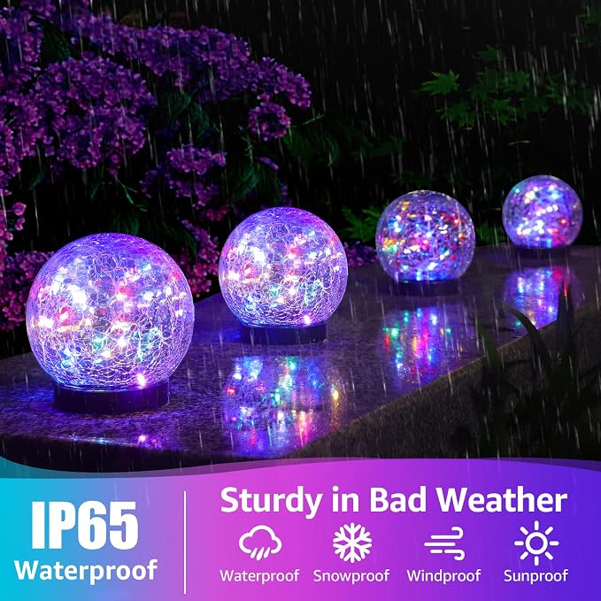 ASOMST 2-Pack Garden Solar Lights Outdoor, Colored Cracked Glass Ball Light Waterproof, Decorative Solar Powered Globe Lighting Multicolor for Yard