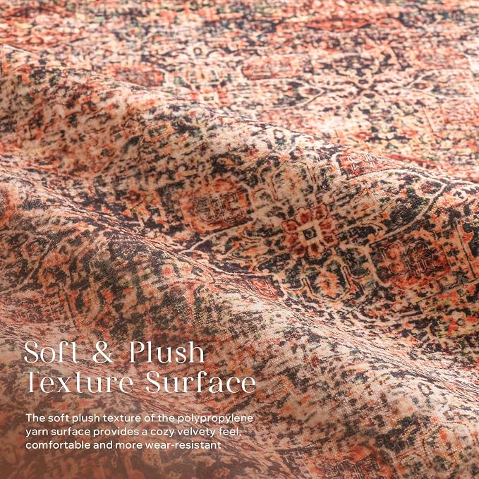 Phantoscope Washable Area Rug 5'x7' Non-Slip, Vintage Neutral Xmas Rugs for Living Room, Bedroom, Dining Room, Distressed Boho Floral Medallion Pattern, Low-Pile Foldable Floor Carpet, Brick Red/Black
