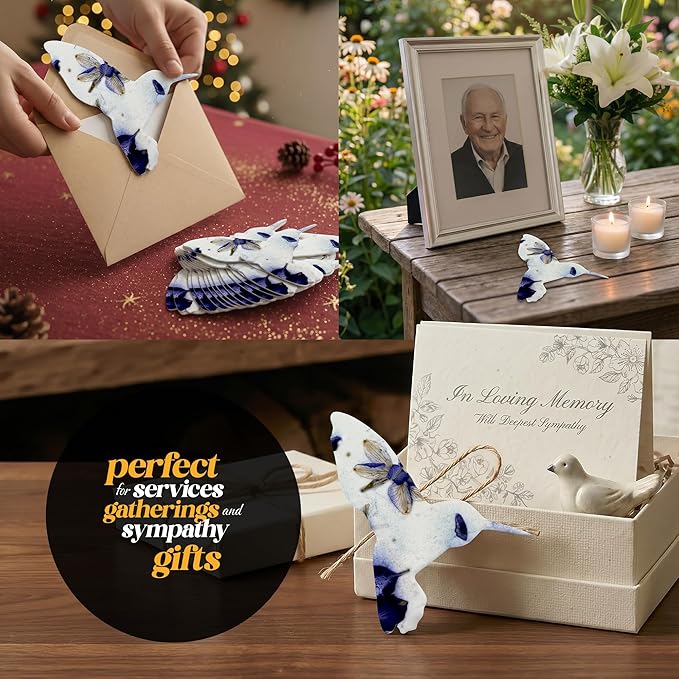 Plantable Memorial Gift Tags with Wildflower Seeds – 24 Pack Purple Hummingbird-Shaped Writable Gift Wrap Tags for Funeral Favors, Sympathy Gifts & Celebration of Life Keepsakes
