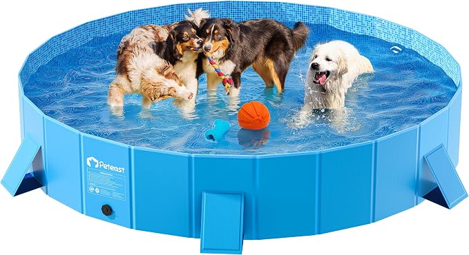 Peteast Dog Pool for Large Dogs, Foldable Hard Plastic, 87 in | Collapsible Kiddie Pool with Stable Side Support for Pets and Kids