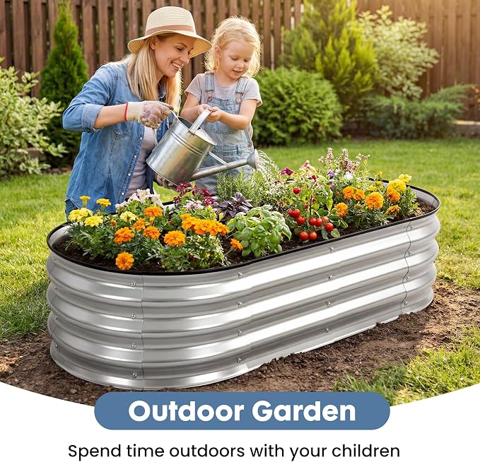 DUMOS Galvanized Raised Garden Bed, 4x2x1ft Outdoor Metal Planter Box, Heavy-Duty Planter Raised Bed for Vegetables Herbs Flowers, Oval Rustproof Flower Beds for Backyard Patio, Open Bottom