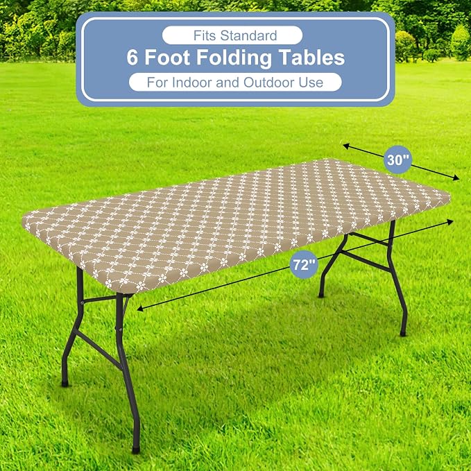 misaya Rectangle Vinyl Table Cloth, Elastic Fitted Tablecloth with Flannel Backing, Waterproof Plastic Table Cover Fits 6 Foot Folding Tables for Picnic, Camping, Indoor and Outdoor (Khaki, 30" x 72")