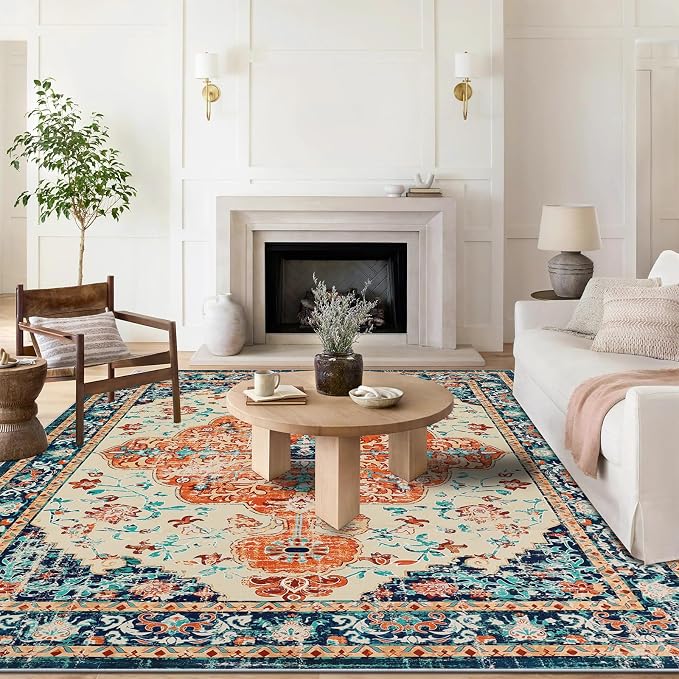 U'Artlines Boho Vintage Area Rug 8x10 Machine Washable Carpet,Orange/Multi | Low Pile, Non Slip, Ultra-Thin Soft Floor Carpet, Accent Rug for Living Room Bedroom Entryway Dining Room Office