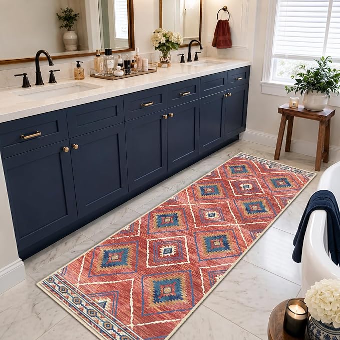 2'x6' Washable Area Rug for Living Room Runner Red/Orange | Soft Western No Slip Low Pile Print Foldable Indoor Small Rug for Kitchen entrance entryway hallway