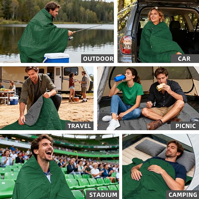 Large Waterproof Outdoor Blanket Thick Fleece 80" x 58" | Windproof Stadium Blanket, Wearable Poncho, Machine Washable for Camping, Car, Pet, Picnics - Green Hooded