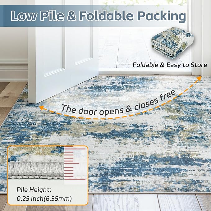 5x8 Area Rugs for Living Room: Washable Soft Blue Abstract Bedroom Carpet | Non-Slip TPE & Stain Resistant,0.25" Low-Pile,Kids Pet Friendly Modern Decor for Dining Room Farmhouse Office, Non-Shedding
