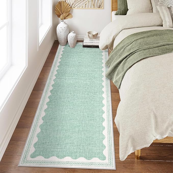 2x6 Scalloped Runners Green Washable Hallways Bedroom Rug | Solid Non Slip Scalloped Bath Runner, Rugs for Bedroom Girls, Rugs for Kitchen Floor Soft Dorm Nursery Carpet for Bedside