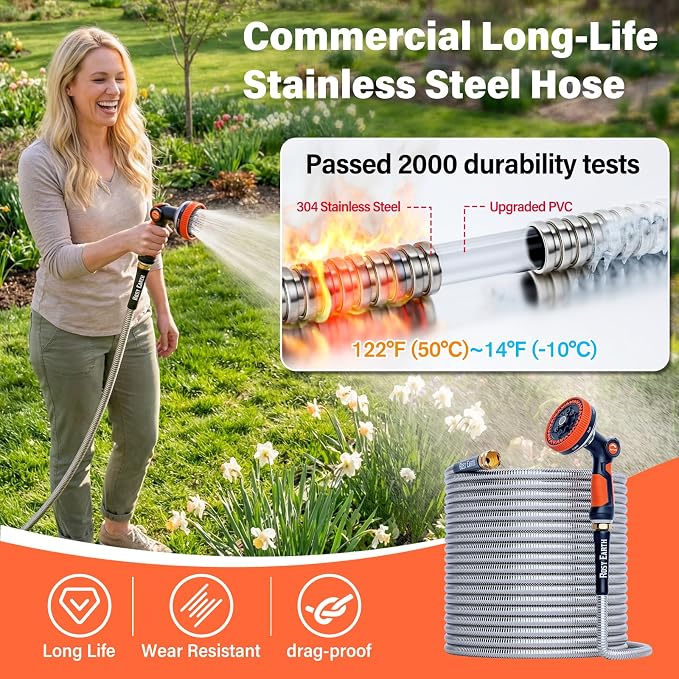 Rosy Earth 100ft Stainless Steel Garden Hose, Heavy Duty Metal Water Hose with 8 Functional Ultra-Wide Nozzle, No-Kink Outdoor Hoses Flexible Tough Water Hose Sprayer for Yard, RV