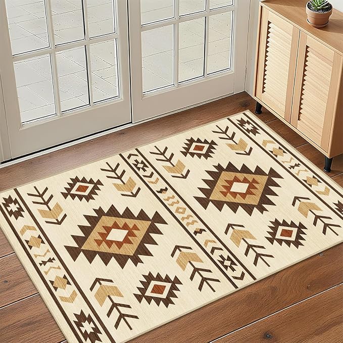 Western Rug 2x3 for Entryway Indoor Mat, Southwestern Aztec Tribal Rugs Southwest Navajo Machine Washable Entrance Rug Non-Slip Printed Low-Pile Entry Floor Carpet Doormat for Bedroom Bathroom, Camel
