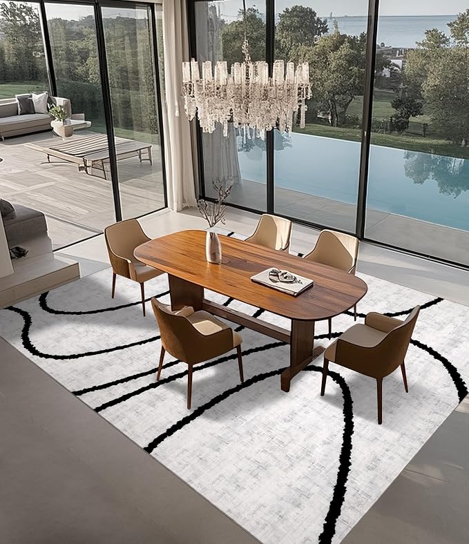 Modern Area Rugs for Living Room, 9x12 Washable Black and White Rug, Thin Abstract Geometric Striped Rug, Area Rug for Bedroom,Kitchen,Dining Room,Office