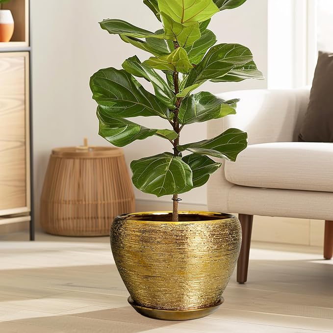 Ceramicfor Ceramic Planter 10 Inch - Indoor Plant Pot with Drainage Hole and Saucer Large Decorative Planter Mid-Century Modern Flower Pot Outdoor for Home Decor Gold