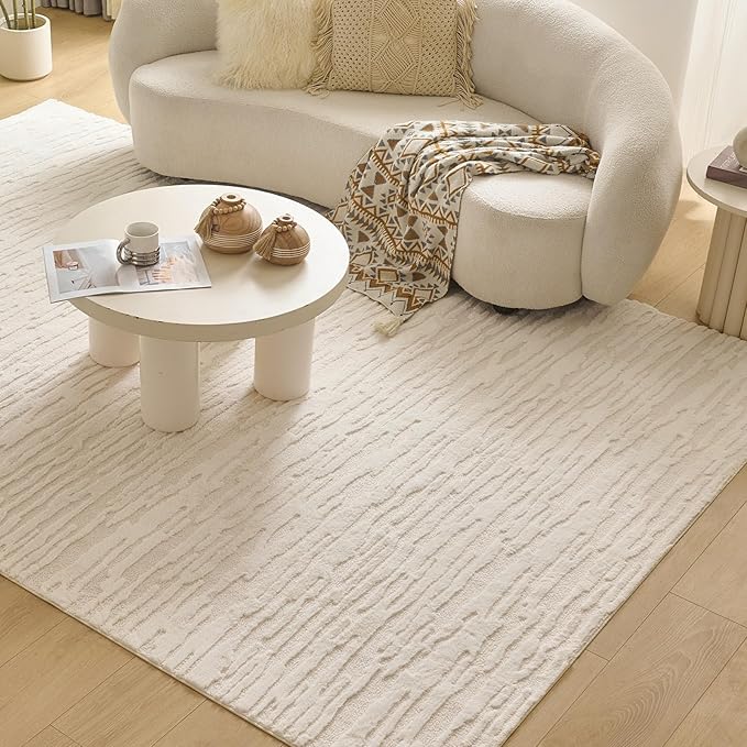 Textured High-Low Striped Area Rug for Living Room Bedroom, Modern, Wabi-Sabi, Minimalist, Japandi, Neutrel, Washable Soft Cozy 6 * 8 feet