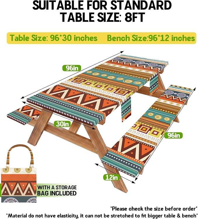 Fitted Picnic Table Cover with Bench Covers Fitted Rectangle Table Cloth Tablecloth Camping Gear Essentials Rv Accessories Road Trip Supplies Car Travel Must Have 8 Ft Foot Feet 96in Bohemian Boho