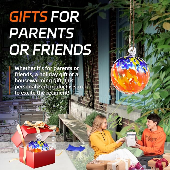 VOREEN 4" Hanging Glass Garden Gazing Ball Hand Blown Glass Witch Ball Christmas Ornament Friendship Balls for Outdoor Garden Patio Window Home Décor, Gift for Mom Wife Friend, Red and Blue