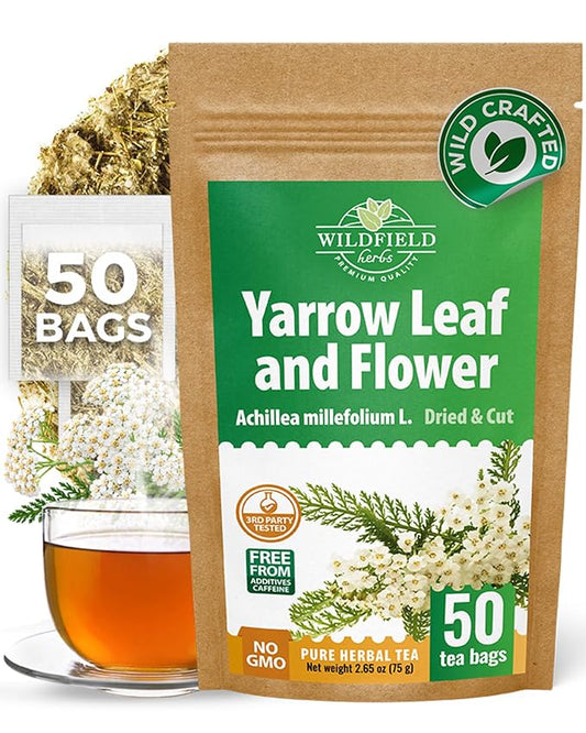 50 Bags Yarrow Herb Dried Yarrow Leaf & Flower Herbal Tea (Achillea Millefolium Tea) - 50 Count 1.5g Bags Herb Tea Milenrama Hojas