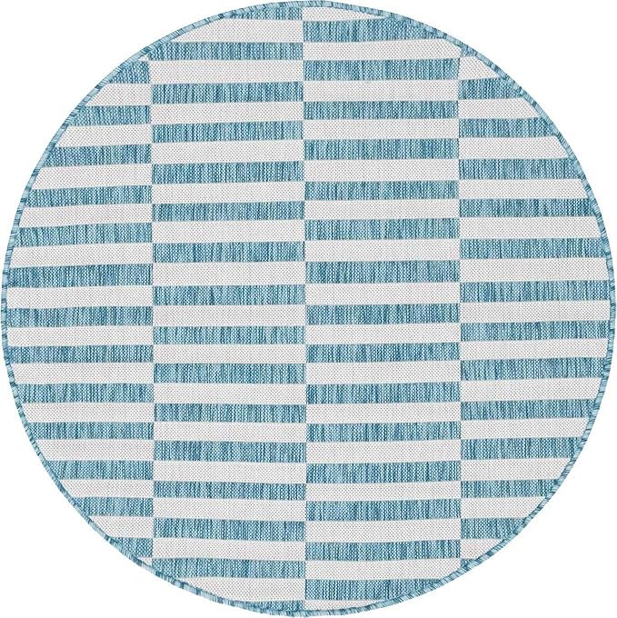 Unique Loom Outdoor Striped Collection Area Rug - Striped (4' 1" Round, Light Aqua/Ivory)