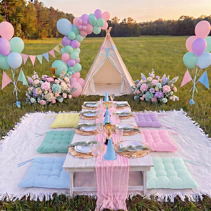 Extra Large Outdoor Picnic Blanket with Table Runner and Floor Pillow Cushion for Picnic Wedding Birthday Baby Shower Backyard Decor(91 x 71'',Pastel,8 Pcs)