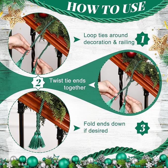 Dingion 20 Pcs Christmas Garland Decorative Banister Ties with Tassel 25.2 Inches Christmas Reusable Twist Ties for Garland Fireplace Staircase Banister Home Xmas Holiday Decorations(Green)