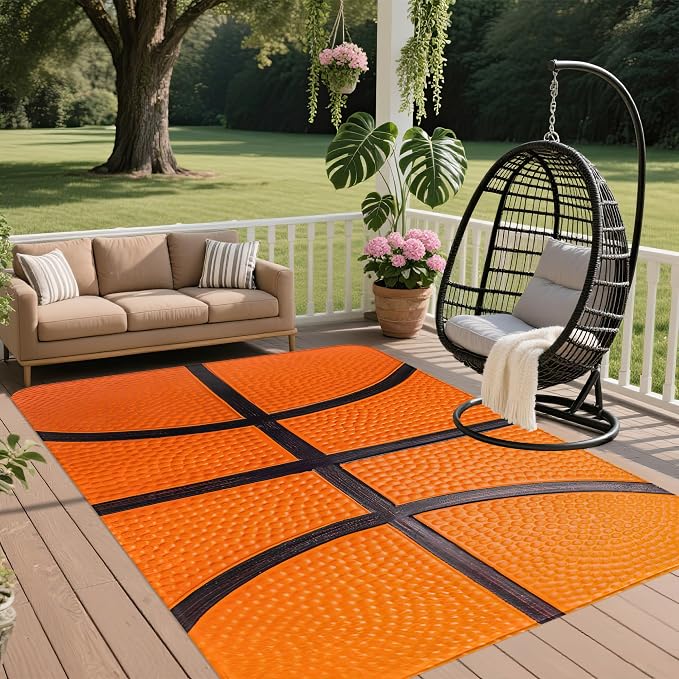 Cool Basketball Washable Area Rugs 5x7,Sports Ball Themed Area Rug for Living Room Bedroom,Indoor Non-Slip Large Throw Carpet for Kitchen Entryway Bathroom Office