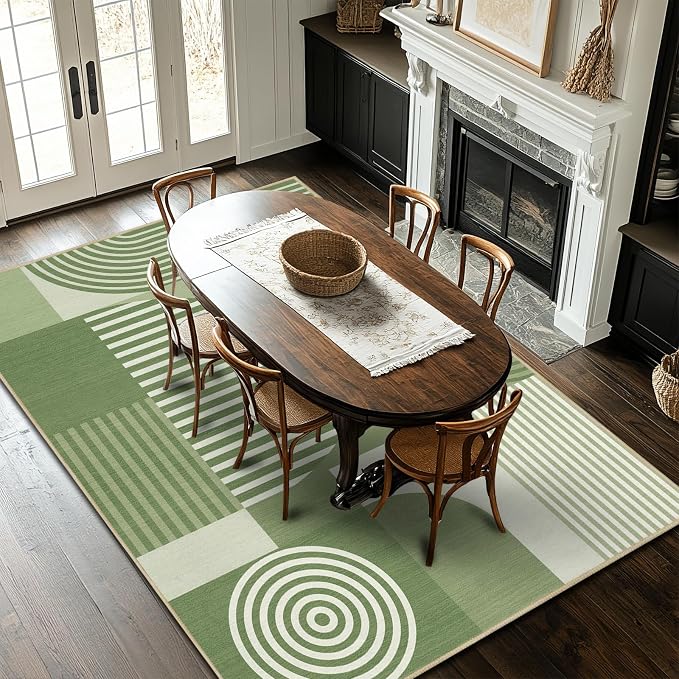 8x10 Area Rug for Living Room Green Geometric Rug Machine Washable Minimalist Line Mid Century Modern Area Rugs Non Slip Low Pile Large Dining Room Indoor Floor Carpet for Bedroom Kitchen Office,Green