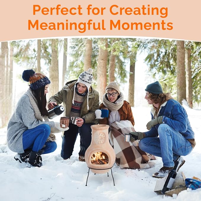Outdoor Beige Clay Chiminea Outdoor Fireplace Sun Design Charcoal Burning Fire Pit with Sturdy Metal Stand, Barbecue, Cocktail Party, Family Gathering, Cozy Nights Fire Pit