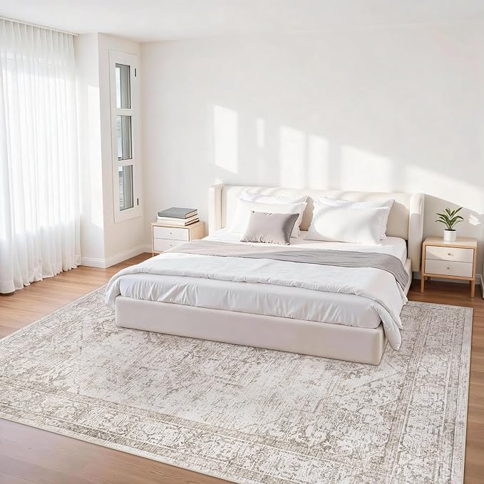 5x7 Washable Area Rugs for Bedroom Beige Brown Non-Slip Rug | Vintage Medallion Rug，Soft Low Pile Large Rugs，Indoor Retro Carpet for Bedroom Nursery Dining Table Farmhouse Home Office