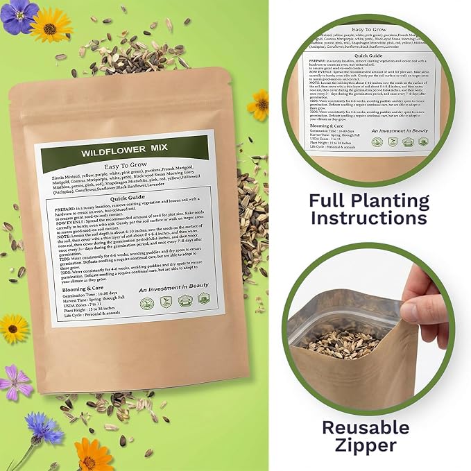 Wildflower Seeds Mix (3oz) - 89.400+Seeds - Non-GMO Milkweed Seeds for Monarch Butterflies - 25+Varieties Annual & Perennial Wildflowers Mix - Bulk Flower Seeds for Pollinator Gardens