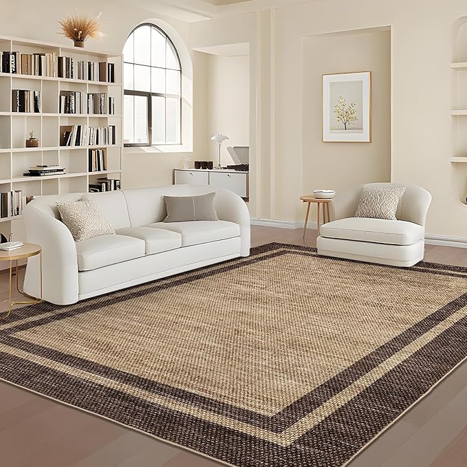 COZYLOOM Area Rug for Bedroom 9x12 Modern Washable Kids Room Rug, Brown | Rubber Backing Stain Resistant Neutral Bordered Non Shedding Low Pile Minimalist Rugs for Living Room Dining Room