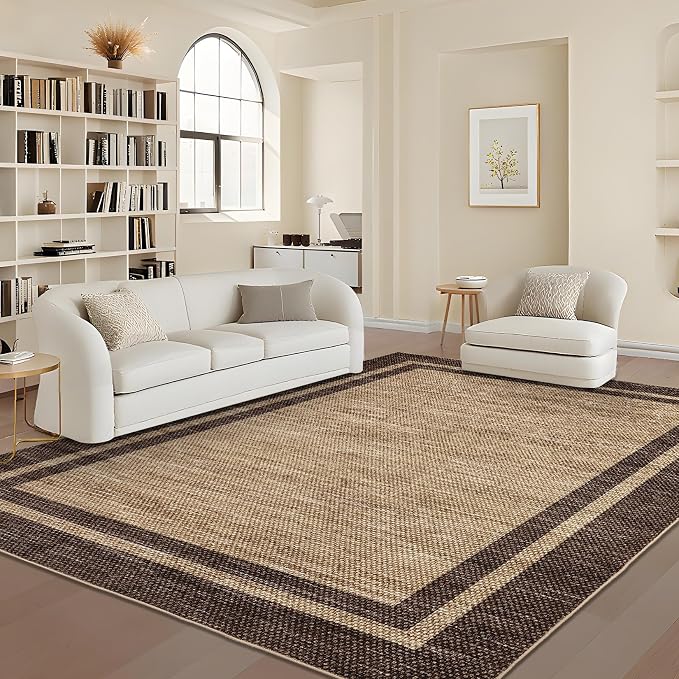 COZYLOOM Area Rug for Bedroom 8x10 Modern Washable Kids Room Rug, Brown | Rubber Backing Stain Resistant Neutral Bordered Non Shedding Low Pile Minimalist Rugs for Living Room Dining Room
