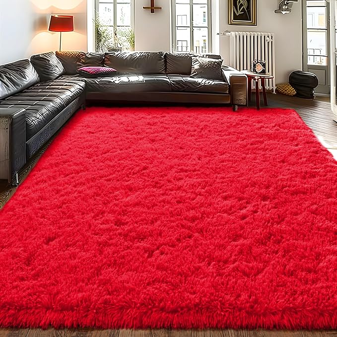 Fluffy Shag Rugs for Living Room 6x9 Red, Washable High Pile Plush | Upgrade Non-slip, Large Big 6 x 9 Shaggy Area Rug for Bedroom Christmas, Flame Resistant