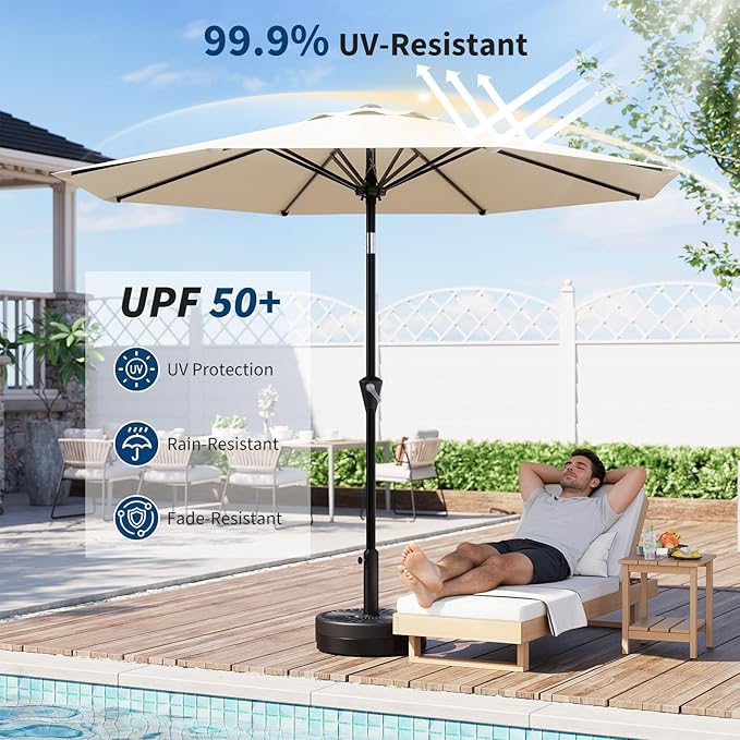 GarveeLife 9FT Patio Umbrella Outdoor, Table Umbrella with Push Button Tilt and Crank, 8 Sturdy Ribs UV Protection Waterproof for Garden, Pool, Market, Deck (Beige White)