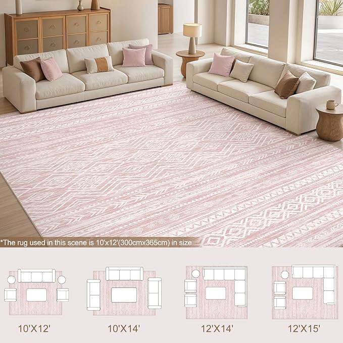 Tortania Area Rug Living Room Rugs- 12x15 Washable Large Soft Neutral Boho Moroccan Bohemian Farmhouse Rug Indoor Floor Carpet for Bedroom Under Dining Table Home Office Decor - Pink