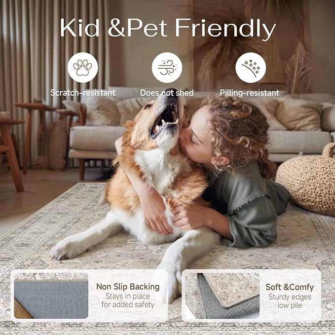 3x5 Washable Area Rug Beige Brown Non Slip Vintage Carpet | Low Pile, Stain Resistant, Living Room, Kitchen, Bedroom, Entryway, Nursery, Laundry Room, Hallway, Soft, Thin, Lightweight