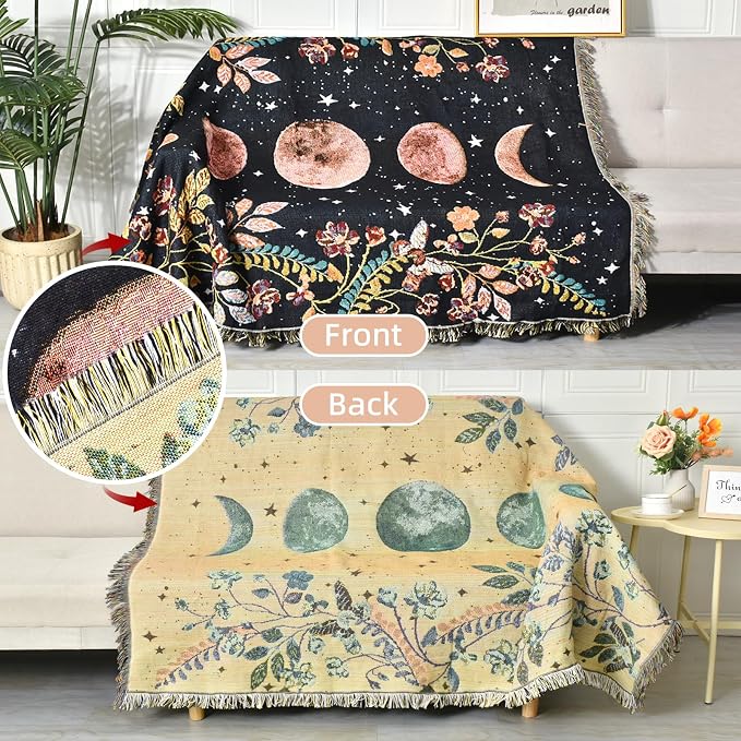 Boho Throw Blanket Reversible Cotton Bohemian Tapestry Hippie Room Decor Double Sided (Lunar Eclipse Black 50"x60")