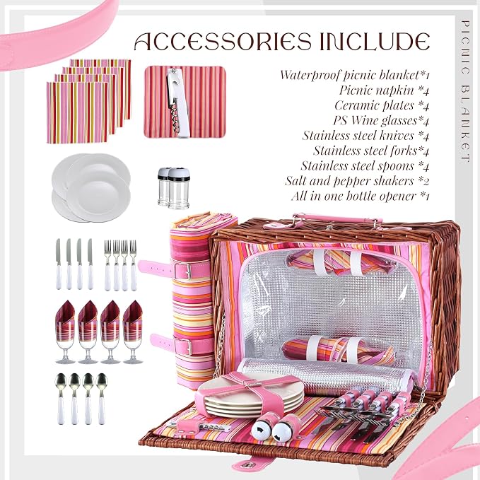Picnic Basket Set for 4 with Waterproof Blanket Mat Insulation Bag Wicker Pink Stripe Classic Fresh Gift for Christmas Thanksgiving Wedding Birthday Camp Outdoor Beach Travel