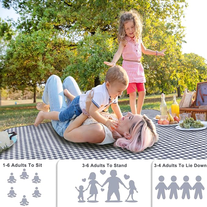 SAMSIER Outdoor Picnic Blankets Waterproof Foldable, Large Beach Blanket Sandproof, Gingham Picnic Mat Cute Washable Portable (Navy Blue, 80"×80")