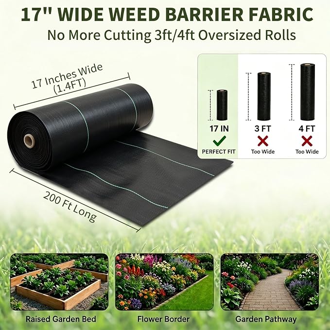 EXTRAEASY 17 in (1.4 ft) x 200 ft Landscape Fabric Weed Barrier, 3.2 oz Heavy Duty Woven Weed Blocker, Ground Cover Geotextile Fabric for Under Gravel, Garden Bed Liner & Pathways