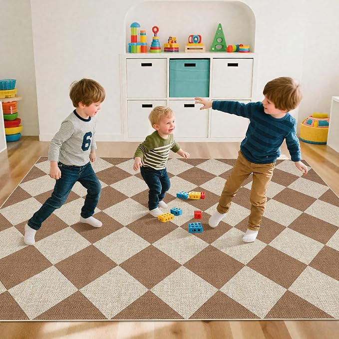 GarveeHome Checkered Easy Jute Area Rug 10x13 Machine Washable Non-Slip Stain Resistant Indoor Outdoor Rugs for Living Room, Bedroom, Kitchen, Dining, Patio Farmhouse Style Brown