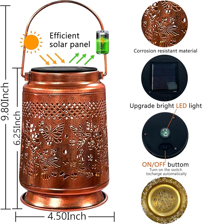 KY&BOSAM Hummingbird & Butterfly Solar Lanterns Outdoor Garden Decor | Retro Appearance,Old Gold Color Metal Hanging Solar Lights Gifts for Women Mom Grandma Outside for Yard,Patio,Backyard,Porch
