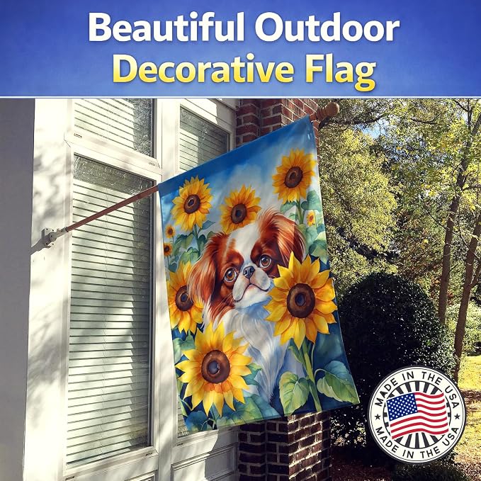 Caroline's Treasures DAC6104CHF Japanese Chin in Sunflowers House Flag Large Porch Sleeve Pole Decorative Outside Yard Banner Artwork Wall Hanging, Polyester, House Size, Multicolor