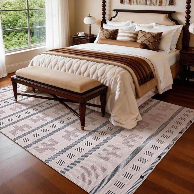 8x10 Washable Area Rug for Living Room, Neutral Geometric, Cream Beige | Southwestern Tribal Boho Pattern, Low Pile Non Slip Rug for Bedroom Dining Room Office, Soft Faux Wool