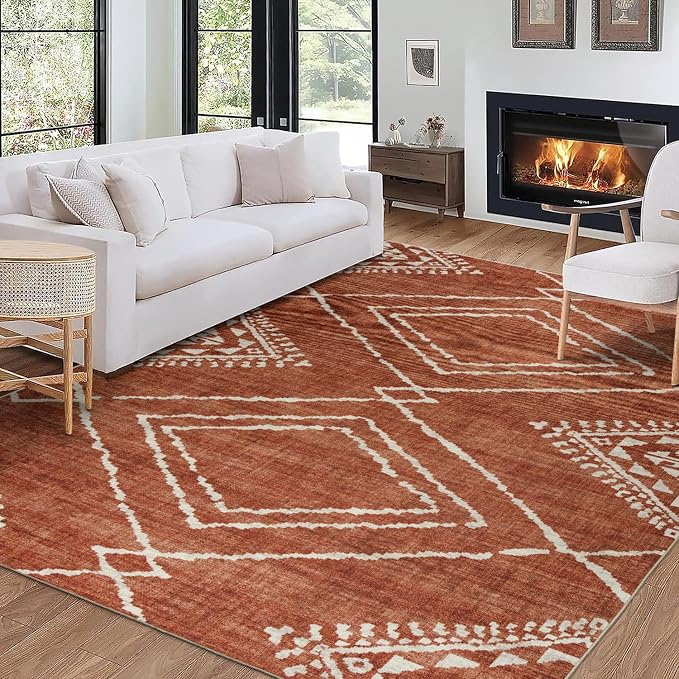 Machine Washable Area Rug - Living Room Bedroom Bathroom Kitchen Entryway Office - Padded Low Pile Stain Resistant Premium - Moroccan Diamond Tribal - Jax - Orange 5' x 7'