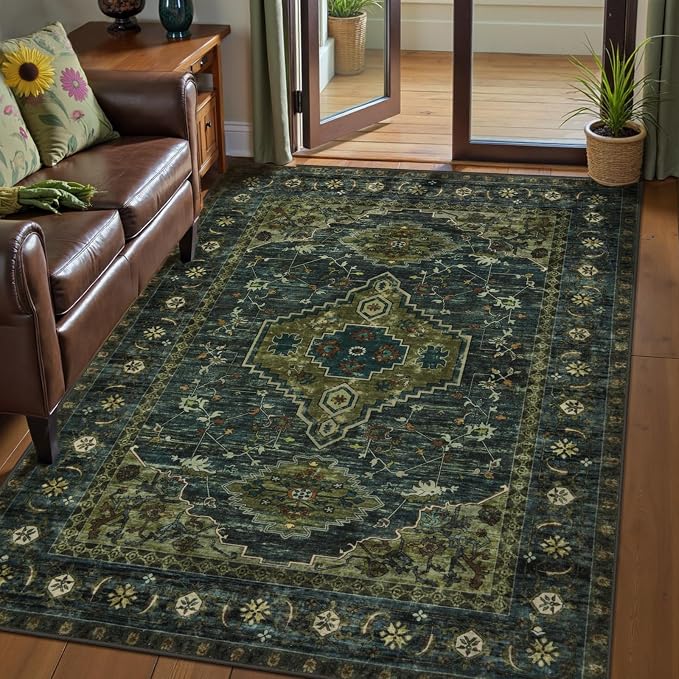 Tangsoo Oriental 3x5 Washable Area Rugs, Green Non Slip Accent Rug | VIntage Indoor Print Carpet, Boho Soft Low Pile Rug for Living Room Dining Bedroom Bedside Entryway Rust Blue Olive Green