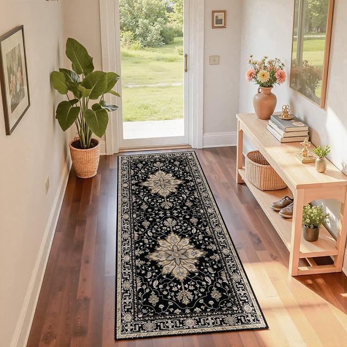 RELEANY Washable Area Rug, Runner 2'x6', Black/Neutral | Non-Slip, Water Repellent, Pet Friendly, Easy to Clean, Vintage Floral Boho Decor for Kitchen Entry Bedroom Bedside Laundry