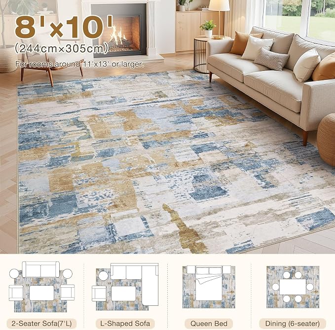 kakania Abstract 8x10 Area Rugs for Living Room: Washable Rugs Blue | Soft, Non-Slip, Low-Pile, Pet & Kid Friendly - Large Modern Home Decor Carpet for Bedroom/Dining Room/Office/Nursery