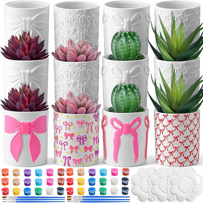 Zubebe 12 Pcs Paint Your Own Flower Ceramic Pots with Drainage Hole, 4 Style Pink Bow Unfinished Succulent Pots Painting Kit Mini Paintable Vase for Bow Party Craft Gift Girls Night DIY Art Activity